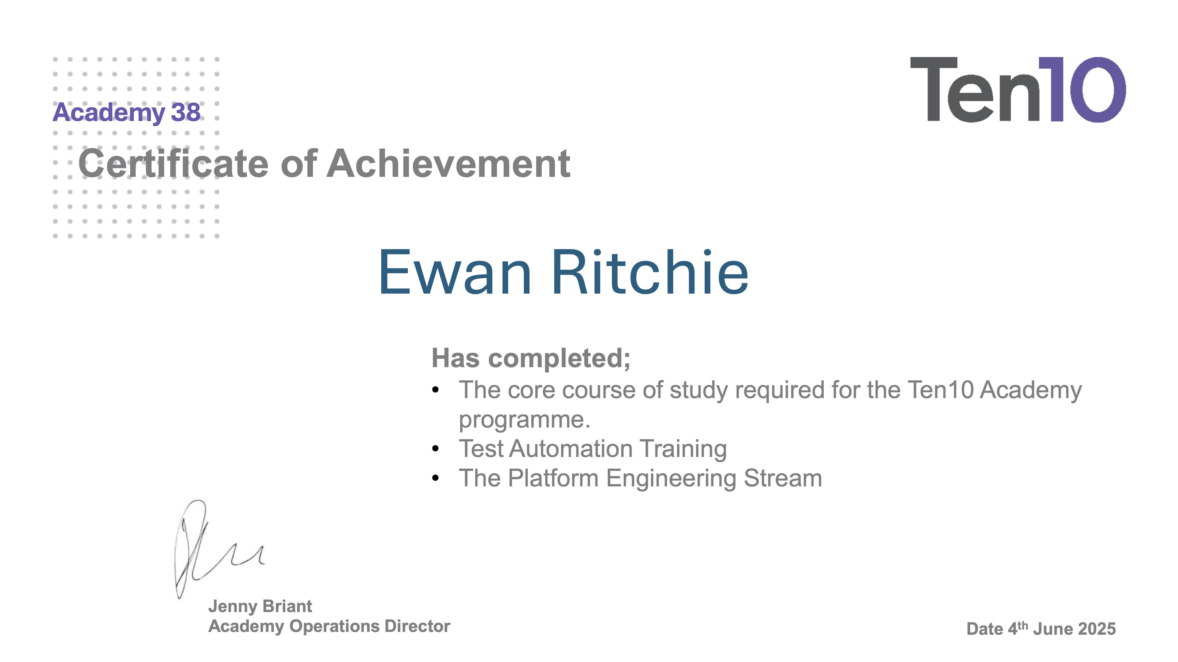 Ten10 Training Certificate